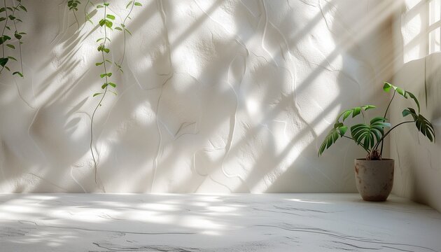 White rough plastered stone wall with shadows in the sunlight as a background