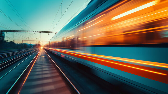Dynamic motion blur of a fast-moving train at dusk