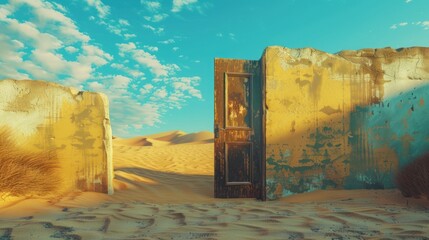 Opened door on desert. Unknown and start up concept.