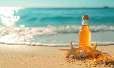 Radiant Summer Beauty: Achieve Slimming Goals with Joyful Balance of Beach Wellness and Healthy and Confidence Body Glow. Bottle of Tea Adorned with Starfish. Copy Space.