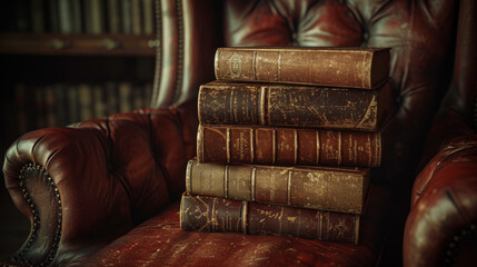 Stack of antique books on a vintage leather chair - obrazy, fototapety, plakaty