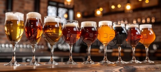 Bartender pours fresh pilsner beer with foam on wood table, blurred background, space for text. - obrazy, fototapety, plakaty