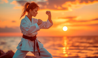 Power at Sunset: A Woman in Kimono and Black Belt Engages in Martial Arts, Blending Discipline and Serenity