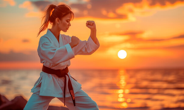 Power at Sunset: A Woman in Kimono and Black Belt Engages in Martial Arts, Blending Discipline and Serenity