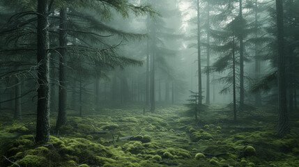 Foggy morning in a dense, moss-covered forest