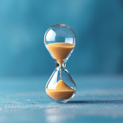 Hourglass, also known as sandglass or sand timer. Single glass sand clock with golden sand on blue paper background. Design element,