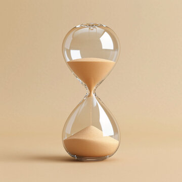 Hourglass, also known as sandglass or sand timer. Single glass sand clock with golden sand on blue paper background. Design element,