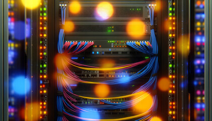 A wide digital illustration of a server room