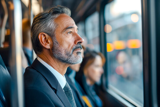 Mature businessman in a suit commuting on a city bus, reflecting on the day ahead. Surrounded by diverse passengers, he appears focused and thoughtful