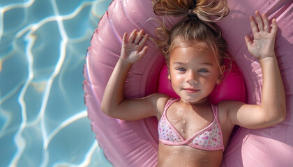 Asian child lies in pink inflatable tire in swimming pool,generative ai