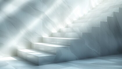 A white outdoor staircase in sunlight with shadows from plants