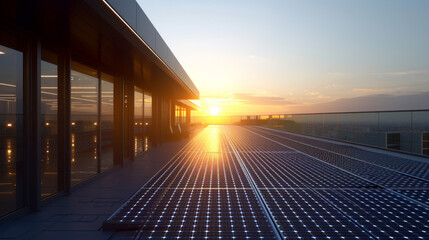 Solar panels capturing sunlight on a modern rooftop - obrazy, fototapety, plakaty