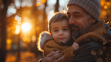 Obraz premium Happy man carrying son with down syndrome at park,generative ai