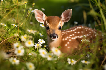 Innocence Personified: A Young Fawn Basks in the Grace of Nature amid a Meadow of Wildflowers.
