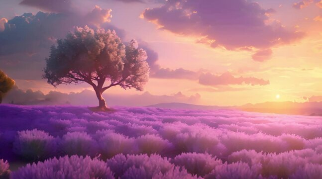 Stunning lavender field landscape Summer sunset with single tree 
