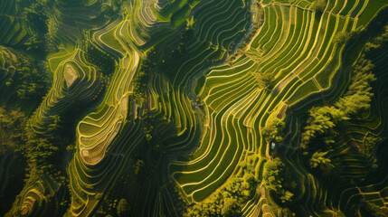 Aerial view of terraced fields in a rural landscape
