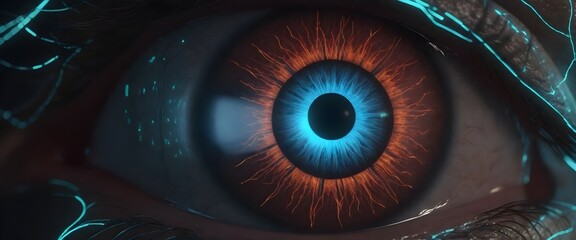 A close-up view of a highly detailed, futuristic cybernetic eye with blue iris and orange glowing elements around the pupil, set against a dark background with subtle technological details