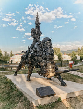 Almaty. Kazakhstan 28.07.2023 sculpture in the form of a batyr on a horse made of metal parts