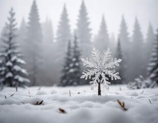 Obraz premium A close-up of a detailed snowflake decoration on a snowy surface with a forest of evergreen trees in the background under a cloudy sky