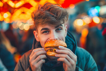 Hungry handsome young man eats a american burger outside at the fast food restaurant stand. blurred...