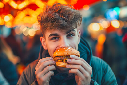 Hungry handsome young man eats a american burger outside at the fast food restaurant stand. blurred crowd in the city in the background