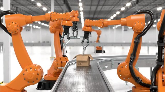 Robot arm fills open cardboard boxes with bottles on a conveyor belt. 3D rendering on industrial background, loop animation.