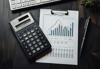 
Display of economic analysis, tax information, and financial reports with documents, charts, and financial plans, along with a pencil and calculator on a black table.