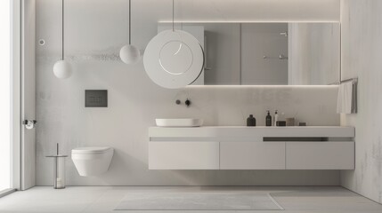 Fototapeta na wymiar Minimalist Monochrome Bathroom with Wall-Mounted Toilet AI Generated.