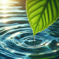 Naklejka na ściany i meble Green leaf and a drop of water in the rain. Nature background
