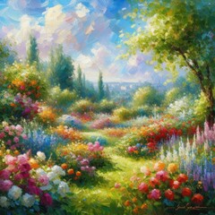 Obraz na płótnie Canvas Spring landscape with flowers and mountains