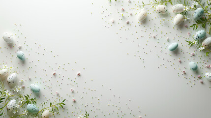 Happy Easter banner, with eggs and floral petals on border isolated on white background, Modern minimal style. Horizontal poster, greeting card, header for website