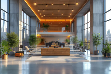 Fototapeta premium A modern office with open workspaces and collaborative zones reflects the evolving nature of workplace design, emphasizing the importance of fostering creativity and communication. Generative Ai.