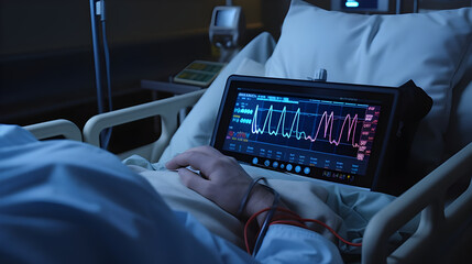 A portable ECG monitor being used to record a patient heart beats - obrazy, fototapety, plakaty