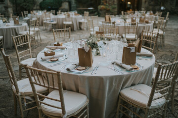 Banquete de bodas en el exterior del castillo. Mesas decoradas con manteles blancos, sillas blancas, cristalería transparente. Entorno natural, vegetación y piedra.