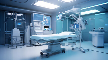  A sterile surgical room with overhead lights and monitoring equipment, ready for a procedure. 