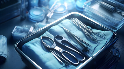 A sterile medical tray with scalpels, forceps, and other surgical instruments ready for a procedure. - obrazy, fototapety, plakaty