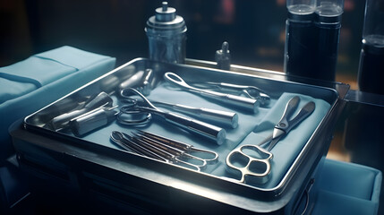 A sterile medical tray with scalpels, forceps, and other surgical instruments ready for a procedure. 