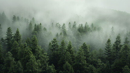 Ethereal mist enveloping a dense pine forest