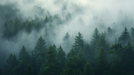 Ethereal mist enveloping a dense pine forest - obrazy, fototapety, plakaty