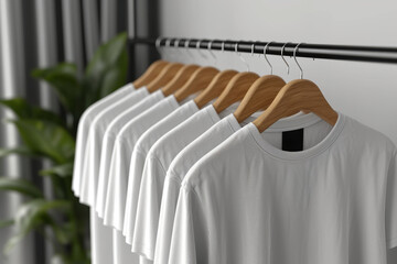 A realistic t-shirt mockup displayed on a hanger against a neutral backdrop, allowing designers to showcase custom apparel designs and branding concepts. Concept of fashion design. Generative Ai.
