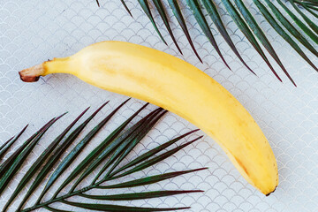 Fresh tasty yellow banana on grey background. Healthy food concept. Minimal concept