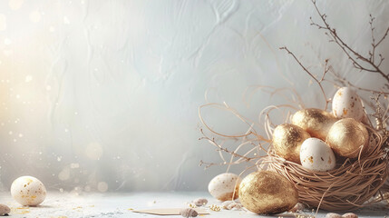 happy easter greeting card with space for text , and golden eggs on one side of card border 