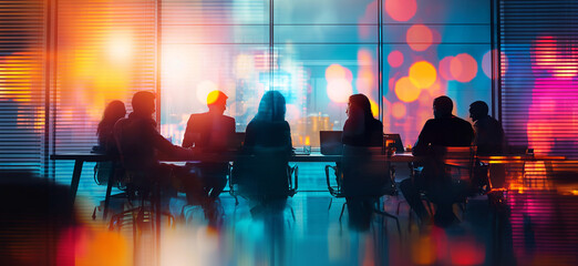 silhouette of business people with colorful lights