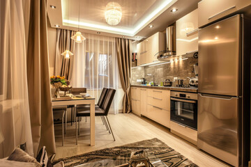 Stylish apartment interior with modern kitchen.