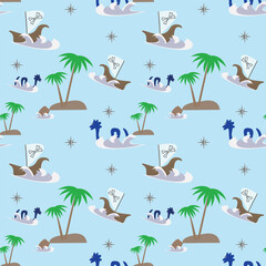 Obraz premium vector pattern, sea, pirate ship, sea monster, island, blue background