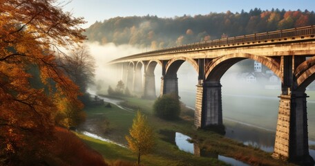 A Railway Bridge in the Village Stands Majestic in the Autumn Fog