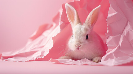 happy easter card, with baby rabbit peaking through pastel pink wall , card with space for text