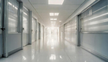 Corridors of hospitals, clinics, and nursing care facilities. Background blur.