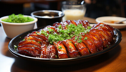 Grilled pork on plate, freshness and gourmet generated by AI