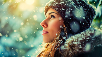 Beauty portrait of beautiful attractive woman, young calm woman at fresh air at winter cold frosty snowy day.